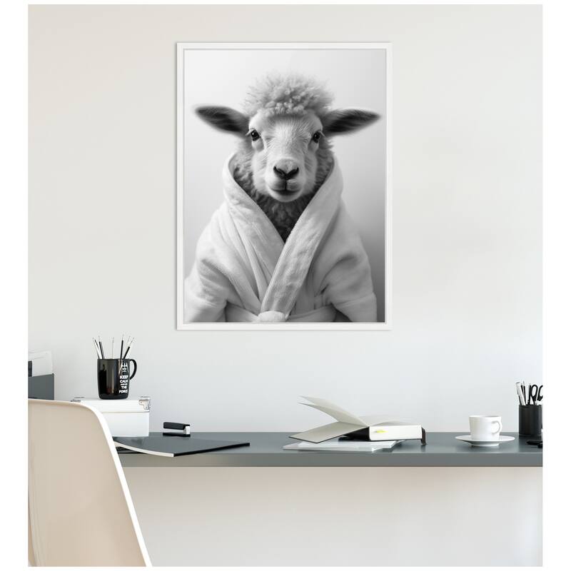 Kate and Laurel Sylvie Sheep Bathroom Art Towel Robe Black and White Framed Canvas by The Creative Bunch Studio