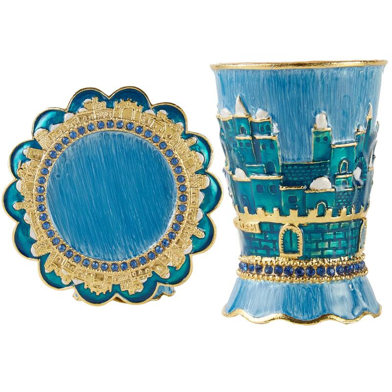 Matashi Hand-Painted Enamel 3.3'' Tall Kiddush Cup Set w/ Tray Embellished w/ High Quality Crystals & Jerusalem Cityscape Design