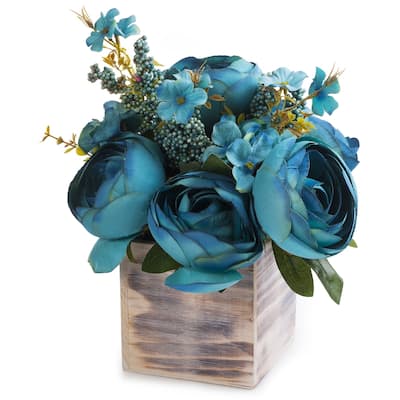 Enova Home Mixed Artificial Silk Peony Fake Flowers Arrangement in Natural Wood Planter for Home Office Wedding Decoration