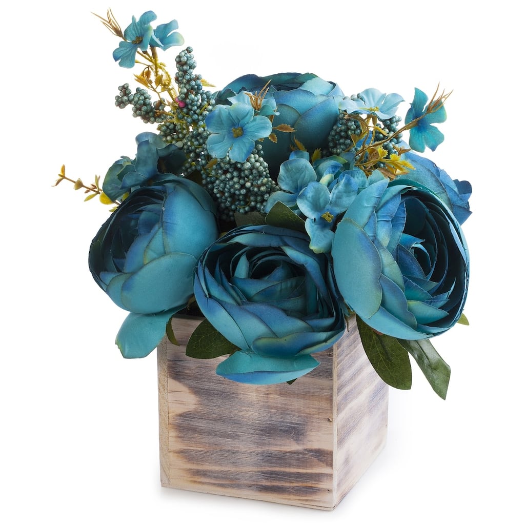 Enova Home Mixed Artificial Silk Peony Fake Flowers Arrangement in Natural Wood Planter for Home Office Wedding Decoration