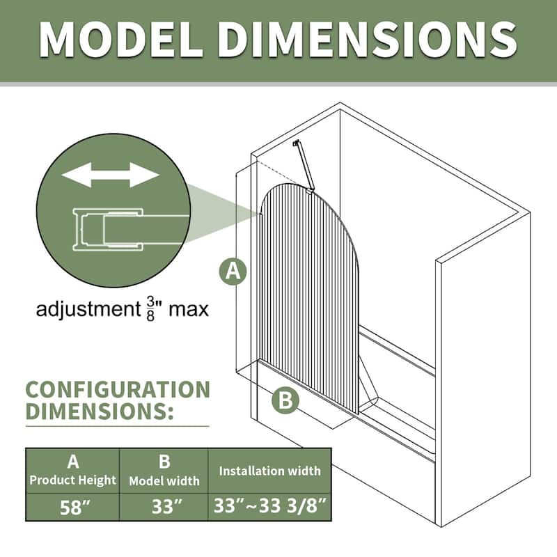 33 in. W x 58 in. H Fixed Tub Door with Tempered Glass - 33" x 58"