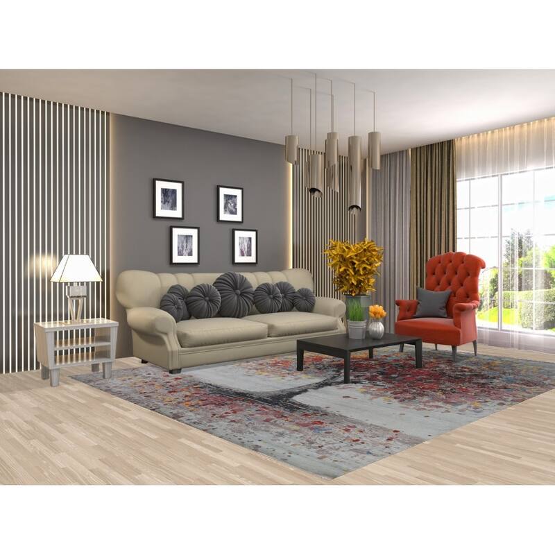 Hand Knotted Oriental 100% Silk Carpet Modern Floral Greys & Charcoal Abstract Area Rug - 10' 3'' X 8' 0''