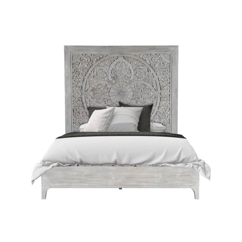 Full Size Platform Boho Bed, Carved Mandala High Headboard, Washed Gray