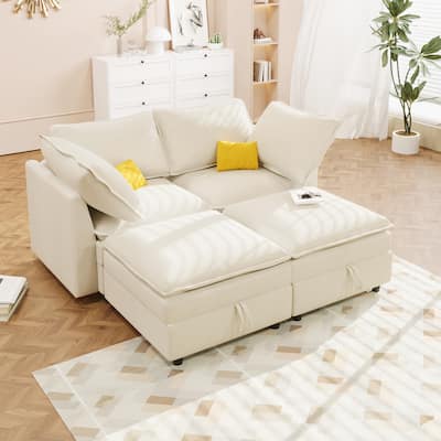 4-Piece Modular Sofa with Storage, Beige Chenille, 67x63x35 inches