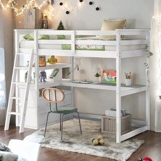Twin Size Loft Bed with Desk and Shelves, Two Built-in Drawers, White