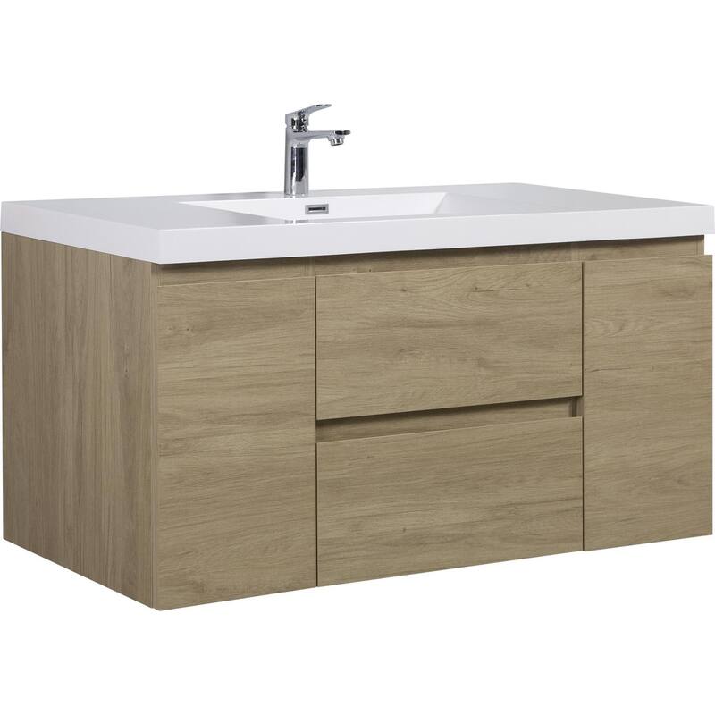 Modern Wall-Mounted Bathroom Vanity with White Solid Surface Top