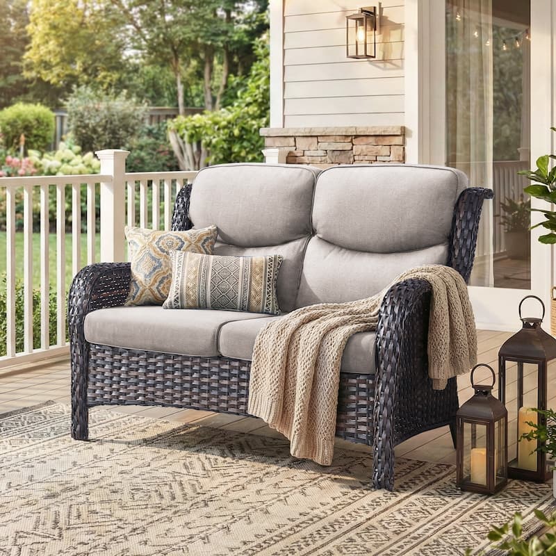 Pocassy Outdoor Patio Loveseat All-Weather Wicker Loveseat with Cushions - Brown Wicker Beige Cushion - 1-Piece Loveseat Sofa with 5 Inch Cushion