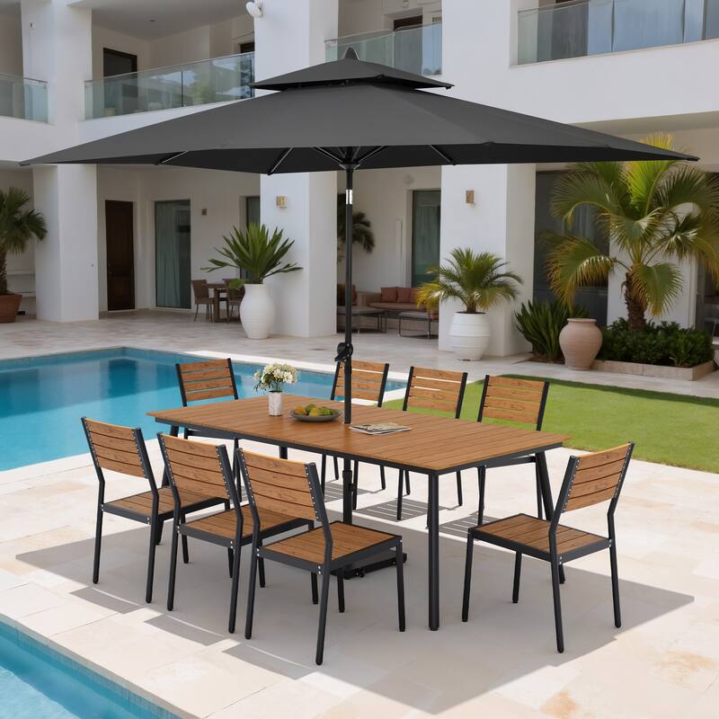 11PC Outdoor Patio Dining Set Wood-Like Aluminum Table with Stackable Chairs,Double Top Market Umbrella and Wheel Base - BrownTable&BrwonChairs&BlackUmbrella