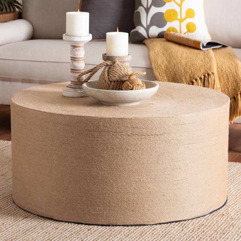 Lapis Handwoven Jute Coffee Table - Boho Round Centerpiece with Natural Fiber, Coastal Design for Living Room or Lounge