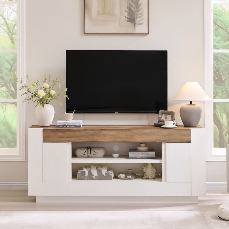 Modern TV Stand, Entertainment Center for TVs Up to 80", Thick Wood - White