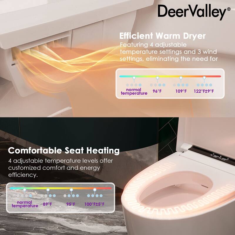 DeerValley smart toilet, heated seat, warm dryer, foot sensor operation, night light, non tank toilet with LED display screen