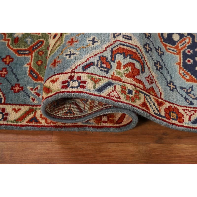 Light Blue Geometric Kazak Indian Runner Rug Hand-Knotted Wool Carpet - 2'7"x 7'10"