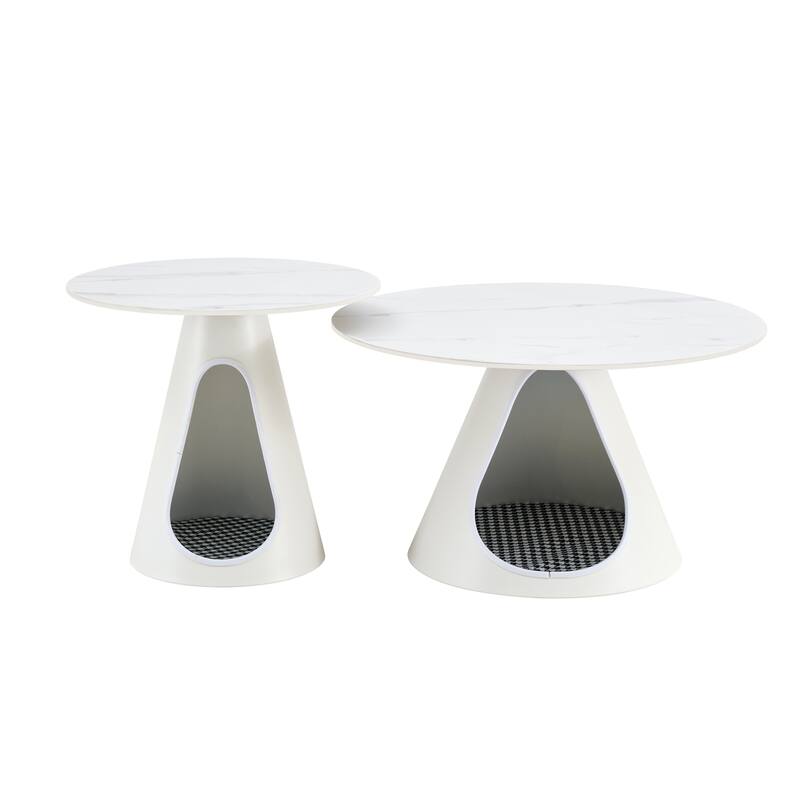 Set of 2 Coffee Round Tables with a Marble-look Top and Steel Base