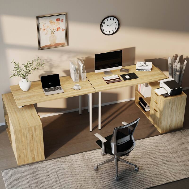 54W L Shaped Desk with Drawers and File Cabinet