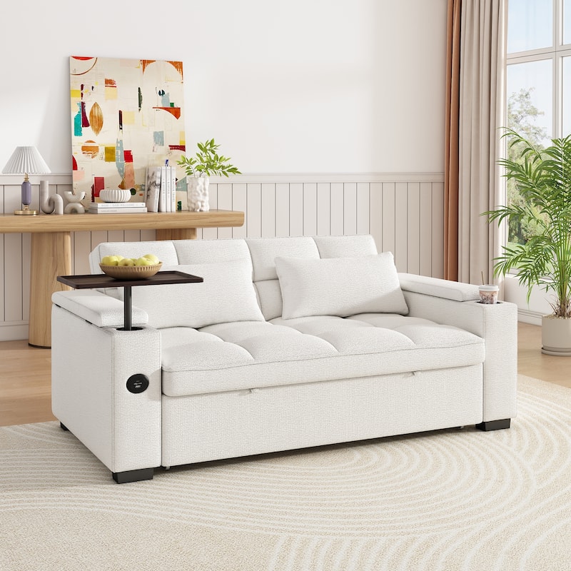 Rossetta Modern Style Chenille Fabric Folding Convertible Pullout Sofa Bed with 3 in 1 Functional Armrest - Beige