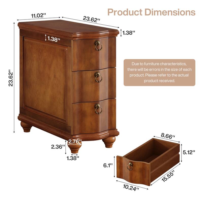 Wood Side Table with 3-Drawers, Fully Assembled Narrow Slim End Table, Nightstand for Bedside