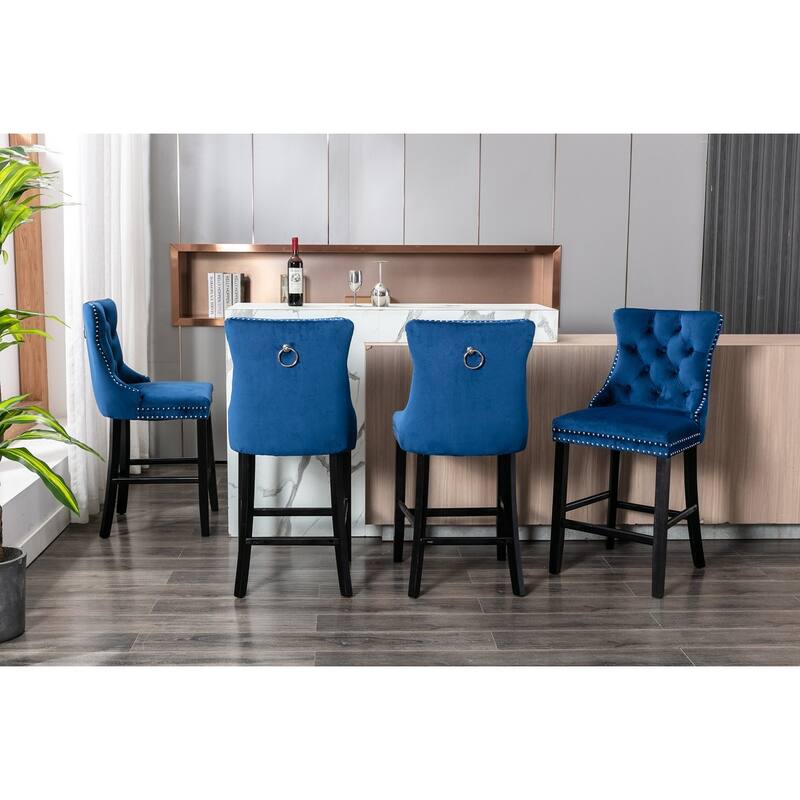 2 Velvet Upholstered Barstools with Button Tufted and Wooden Legs, and Chrome Nailhead Trim - N/A