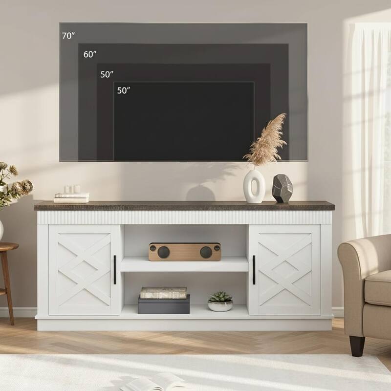Fluted TV Stand, with 2 Door &Open Storage Shelf