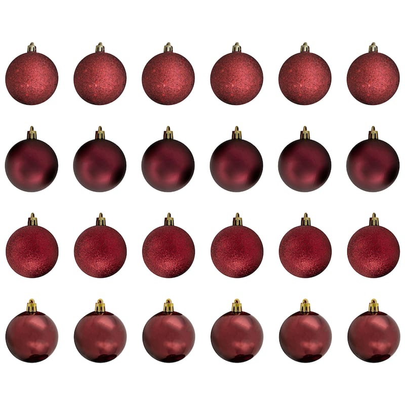 24ct Burgundy Shatterproof 4-Finish Christmas Ball Ornaments 2.5"