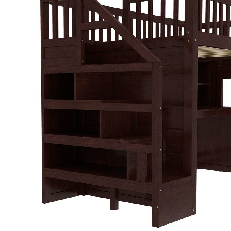 Espresso Loft Bed with Desk Bookshelf Storage Stairs Wood Loft Bed Frame