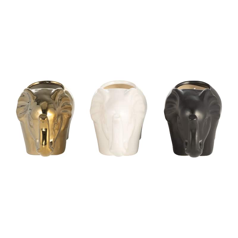 Set of Three 5"H 7" Diameter Gold, Ivory, and Black Colored Ceramic Elephant Soy Candle 9oz Pumeria-scented for Indoor