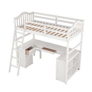 Twin Size Loft Bed with Ladder and Desk,Spacious Bookshelves and Cabinet