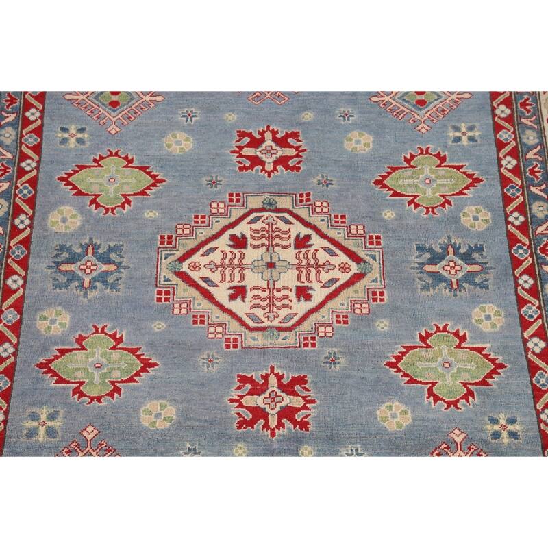 Light Blue Kazak Area Rug Living Room Hand-Knotted Wool Carpet - 6'8" x 9'9"