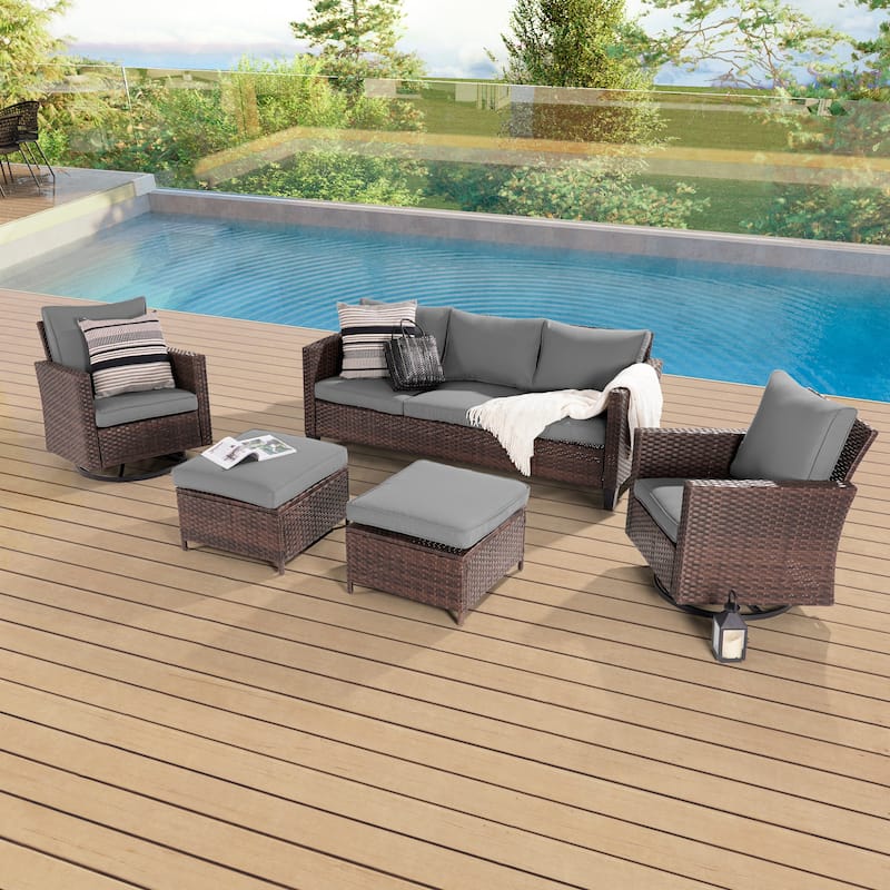 BONOSUKI 5-Piece Outdoor Brown/Gray PE Wicker Patio Conversation Sets, Swivel Rocking Sofa Set with Cushions and Ottomans - Brown Wicker Gray Cushion
