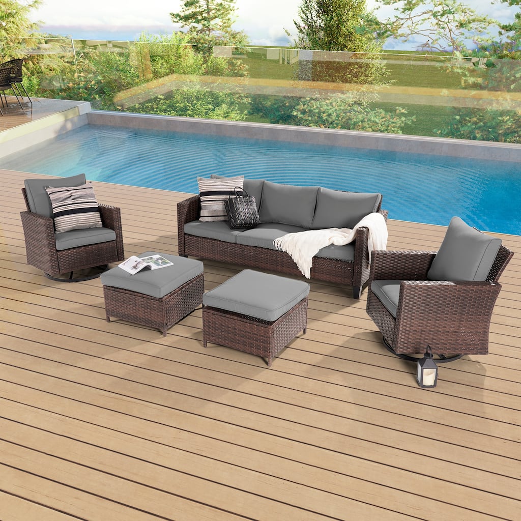 BONOSUKI 5-Piece Outdoor Brown/Gray PE Wicker Patio Conversation Sets, Swivel Rocking Sofa Set with Cushions and Ottomans