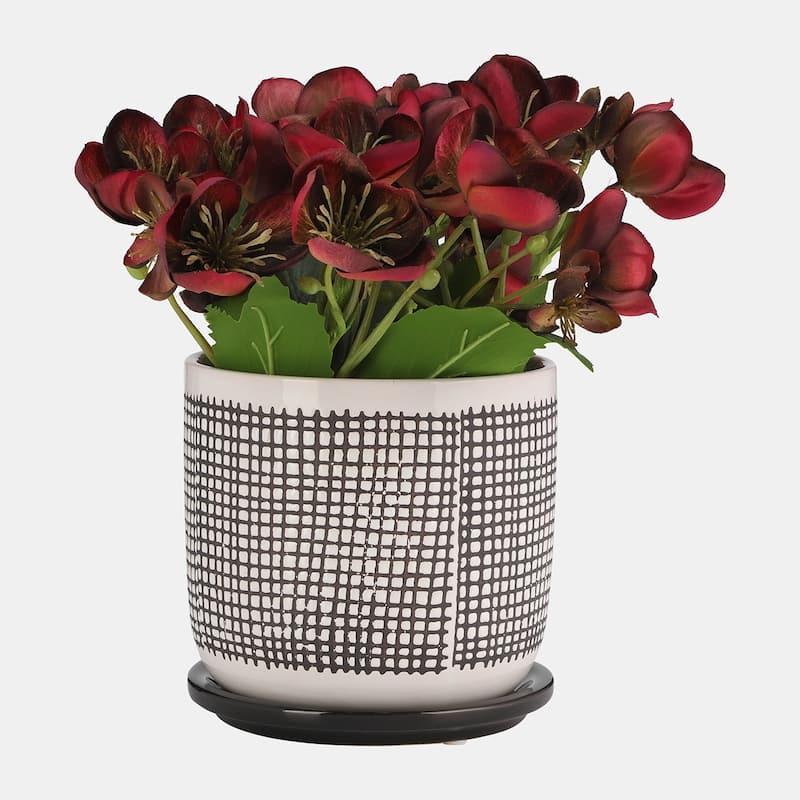 White Handmade Ceramic Planter with Black Saucer and Pattern - Black