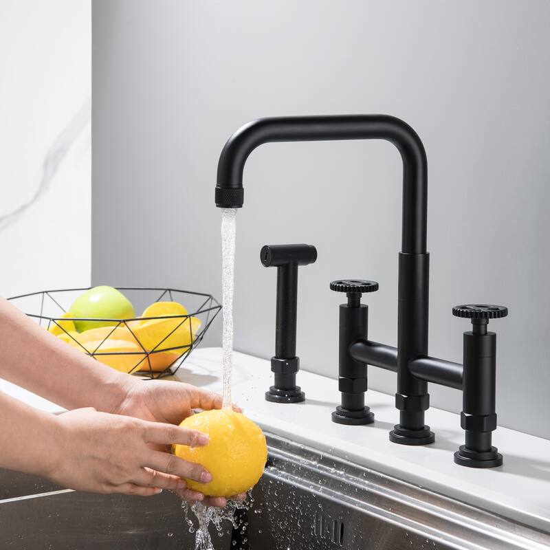 4 Hole Industrial Bridge Kitchen Faucet with Side Sprayer Commercial Stainless Steel Kitchen Sink Faucet 360 Degree Swivel