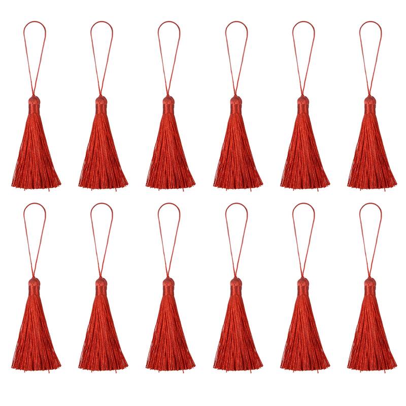 6.5" Silky Bookmark Tassels with Loop for DIY Craft Accessory, 12Pcs Red