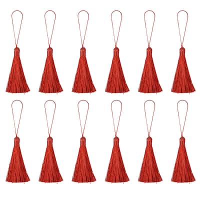 6.5" Silky Bookmark Tassels with Loop for DIY Craft Accessory, 12Pcs Red