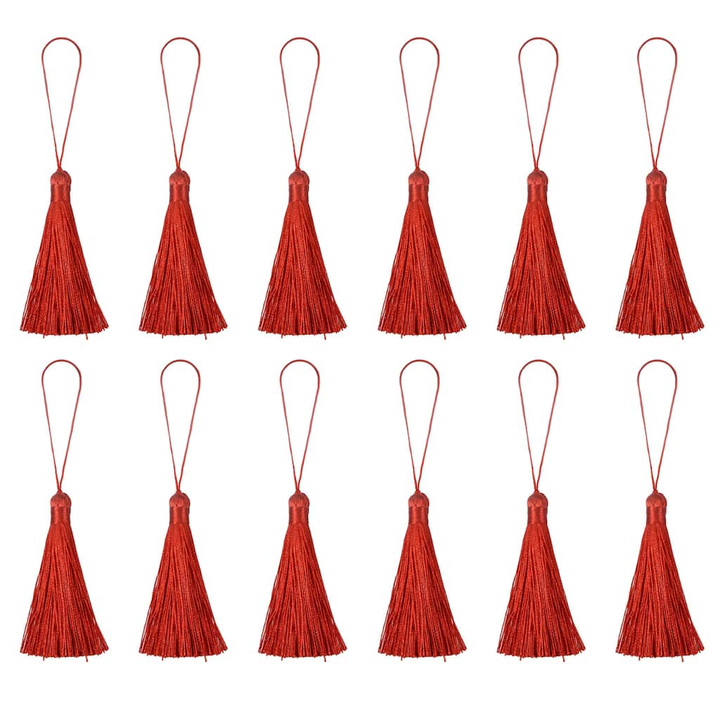 6.5" Silky Bookmark Tassels with Loop for DIY Craft Accessory, 12Pcs Red