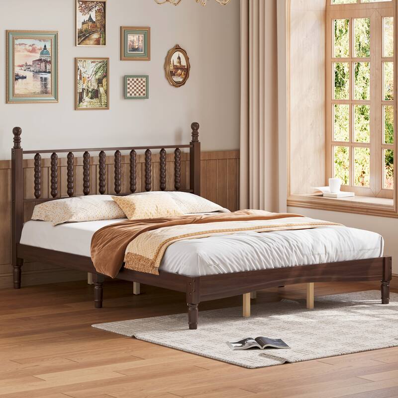 Queen Size Retro Platform Bed - Gourd-Shaped Headboard, Solid Wood Frame - Walnut