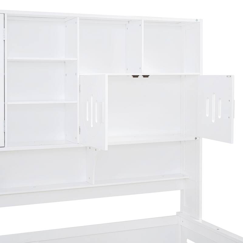 White Full Size Wooden Daybed with Storage Drawers and Built-in Cabinet & Shelf