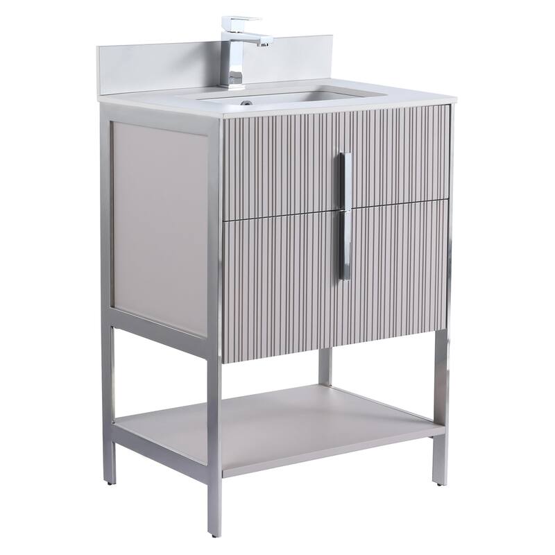 Fine Fixtures Serenity Modern Bathroom Vanity with White Stone Top - Bright Taupe - Chrome Hardware - 24 inch