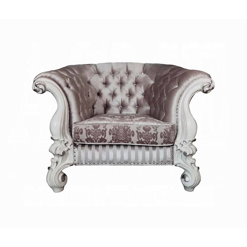 Kai Accent Chair, 2 Pillows, Tufted Ivory Fabric, Scrolled, White Wood