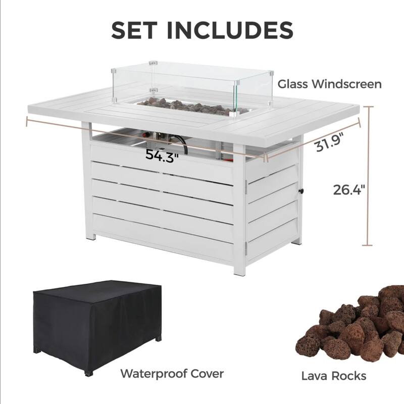 54.3" Patio White Aluminum Fire Pit Table, 50000 BTU CSA Certified Waterproof Cover