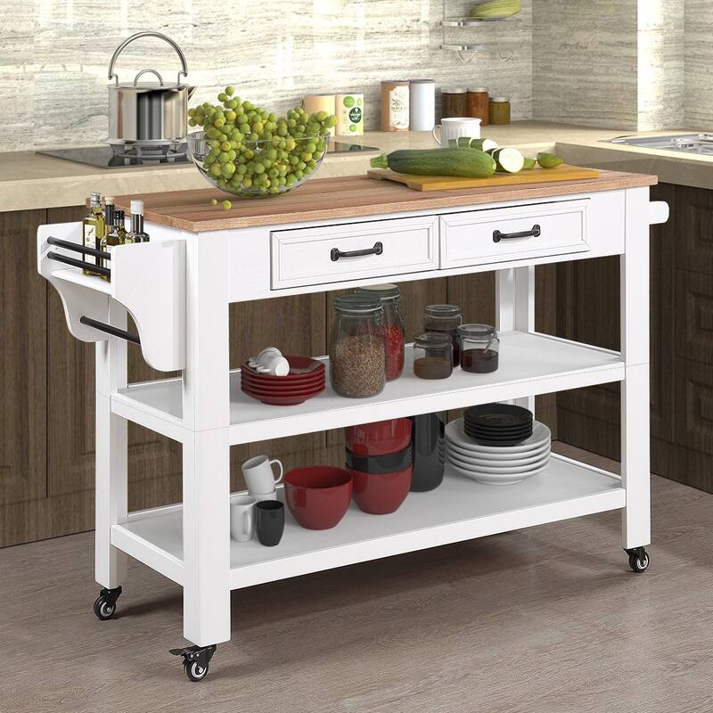 Farmhouse Kitchen Island with Drop Leaf, Barn Door, Power Outlet, Rolling Kitchen Cart on Wheels with Spice Rack