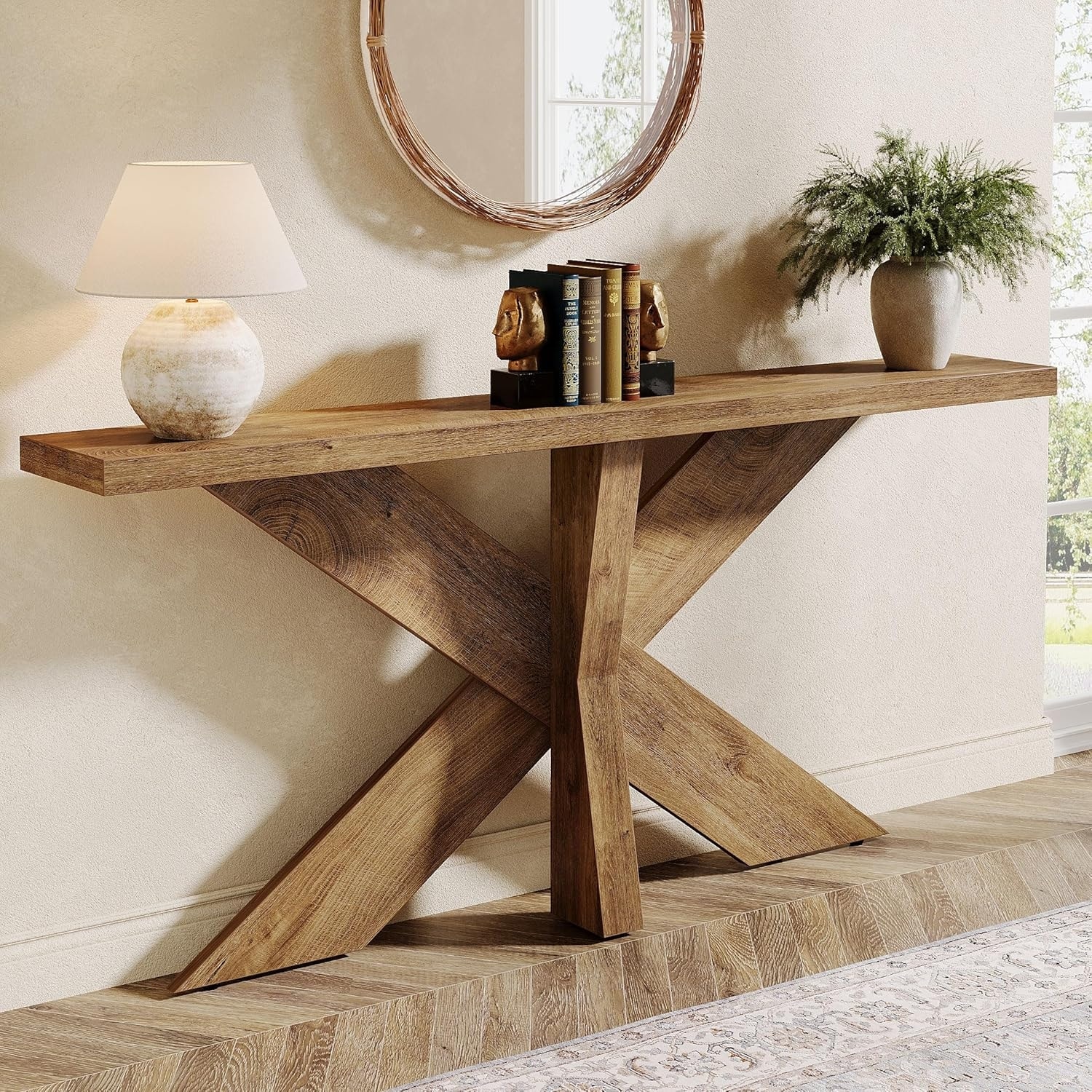 70.9" Long Farmhouse Console Table with Geometric Wooden Base for Living Room - Oak