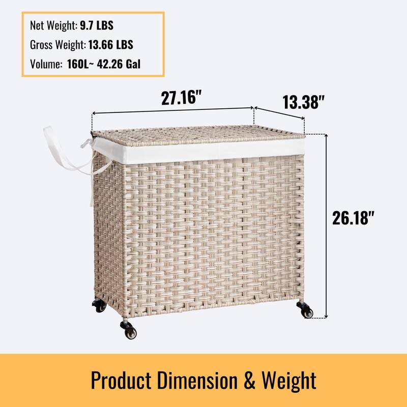 42.26 Gal PE Wicker Laundry Hamper with Lid, Removable Liner, Wheels