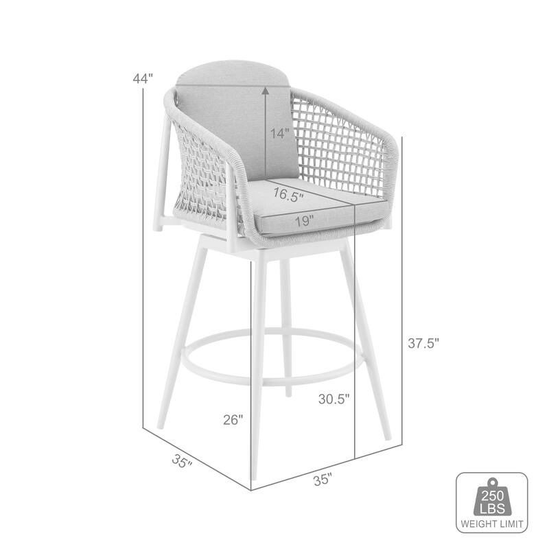 Rhodes Outdoor Patio Swivel Bar Stool in Aluminum with Rope and Cushions