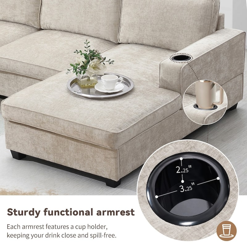 119" U-Shaped Chenille Sectional Sofa with Chaise and Cup Holders