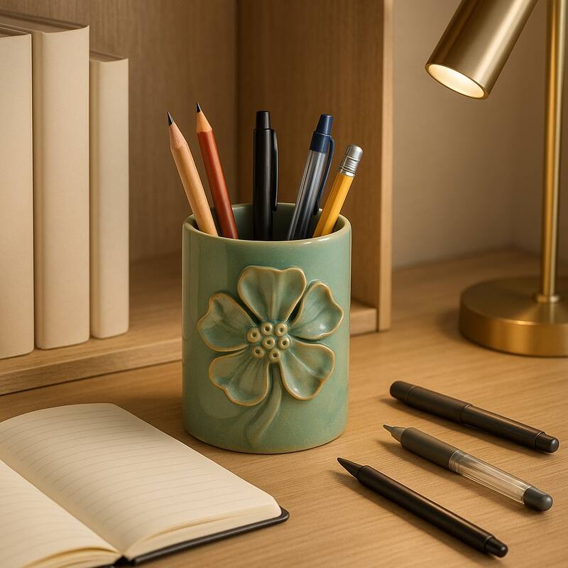 Ceramic Cute Pencil Cup Decorative Flower Office Desk Accessory