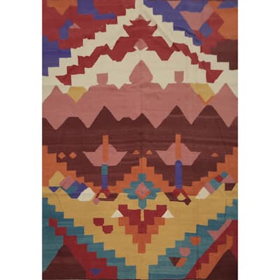 Hand Woven Oriental 100% Wool Carpet Southwestern Modern Multi-Colored Kilim Area Rug - 9' 10'' X 8' 0''