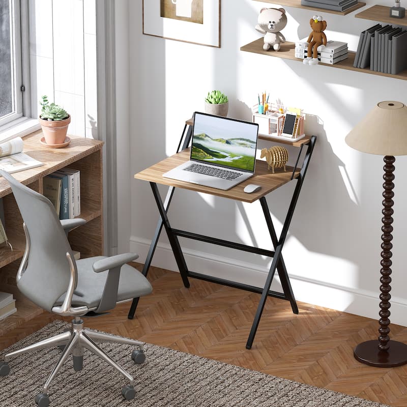 Folding Desk with Monitor Shelf Compact Space Saving Workstation Sturdy Steel Frame Easy Assembly
