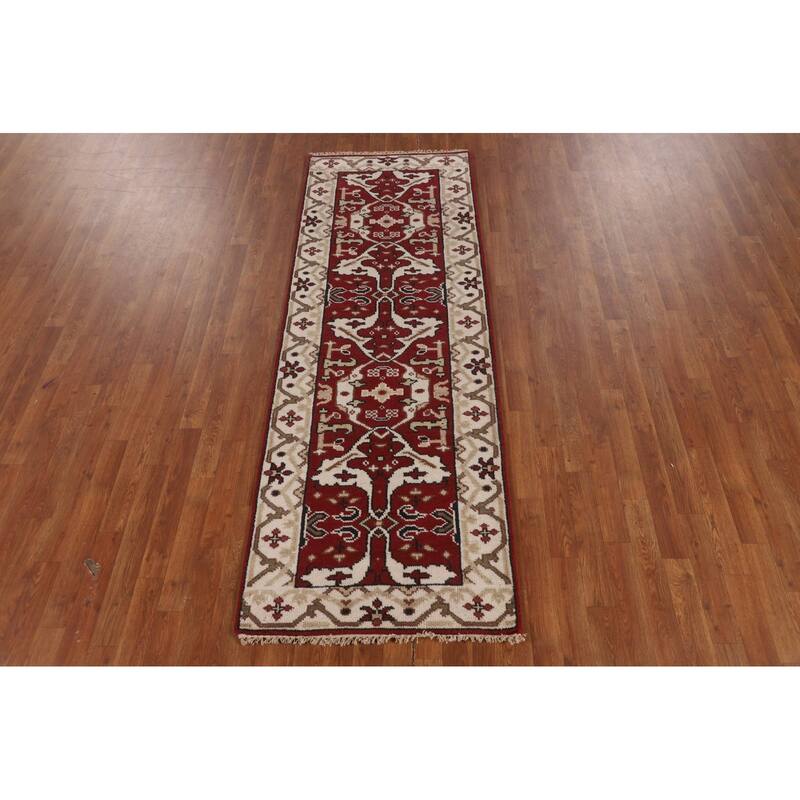 Red & Ivory Oushak Indian Runner Rug Hand-Knotted Wool Carpet - 2'9"x 7'10"