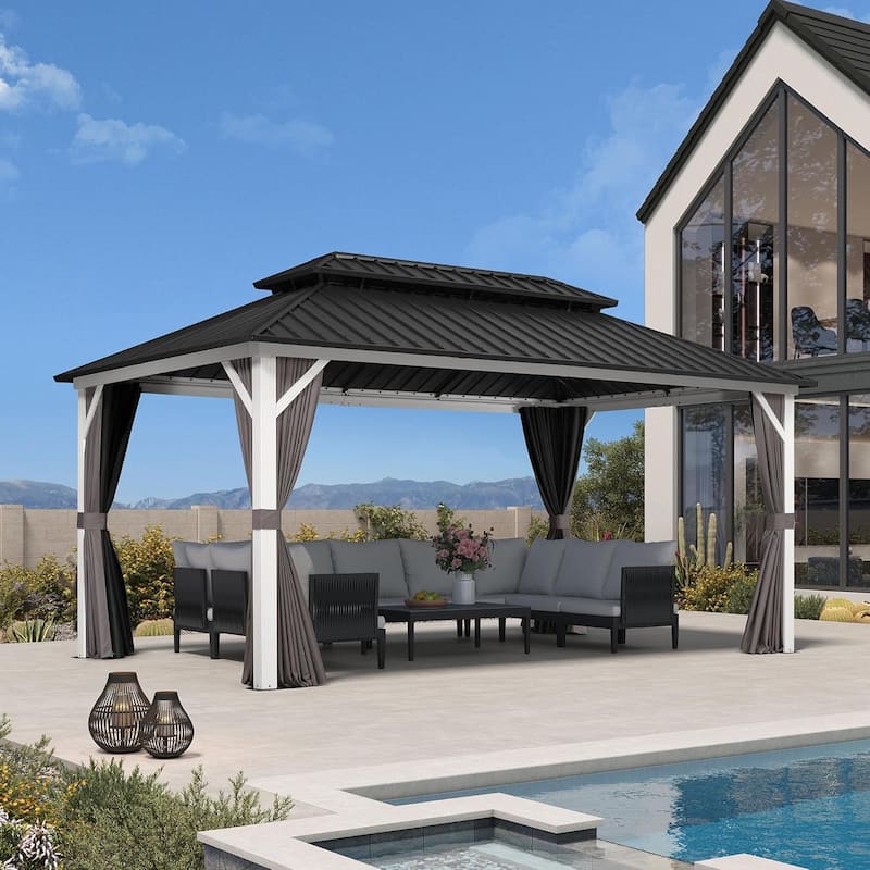 PURPLE LEAF Patio Hardtop Gazebo for Outdoor Grey Galvanized Steel Double Roof White Aluminum Poles - 10' x 16' - Grey