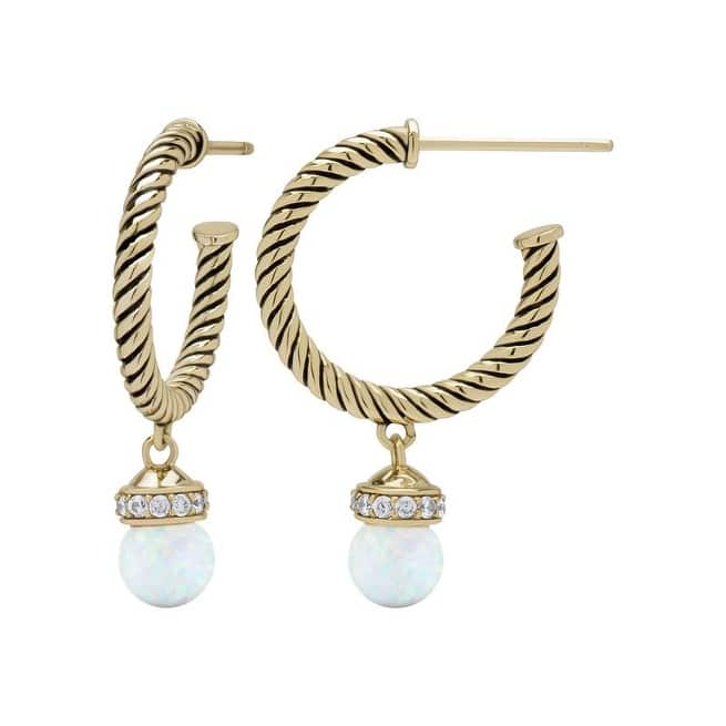 Victoria Townsend Gold over .925 Sterling Silver Opal Rope Textured Hoop Earrings - White